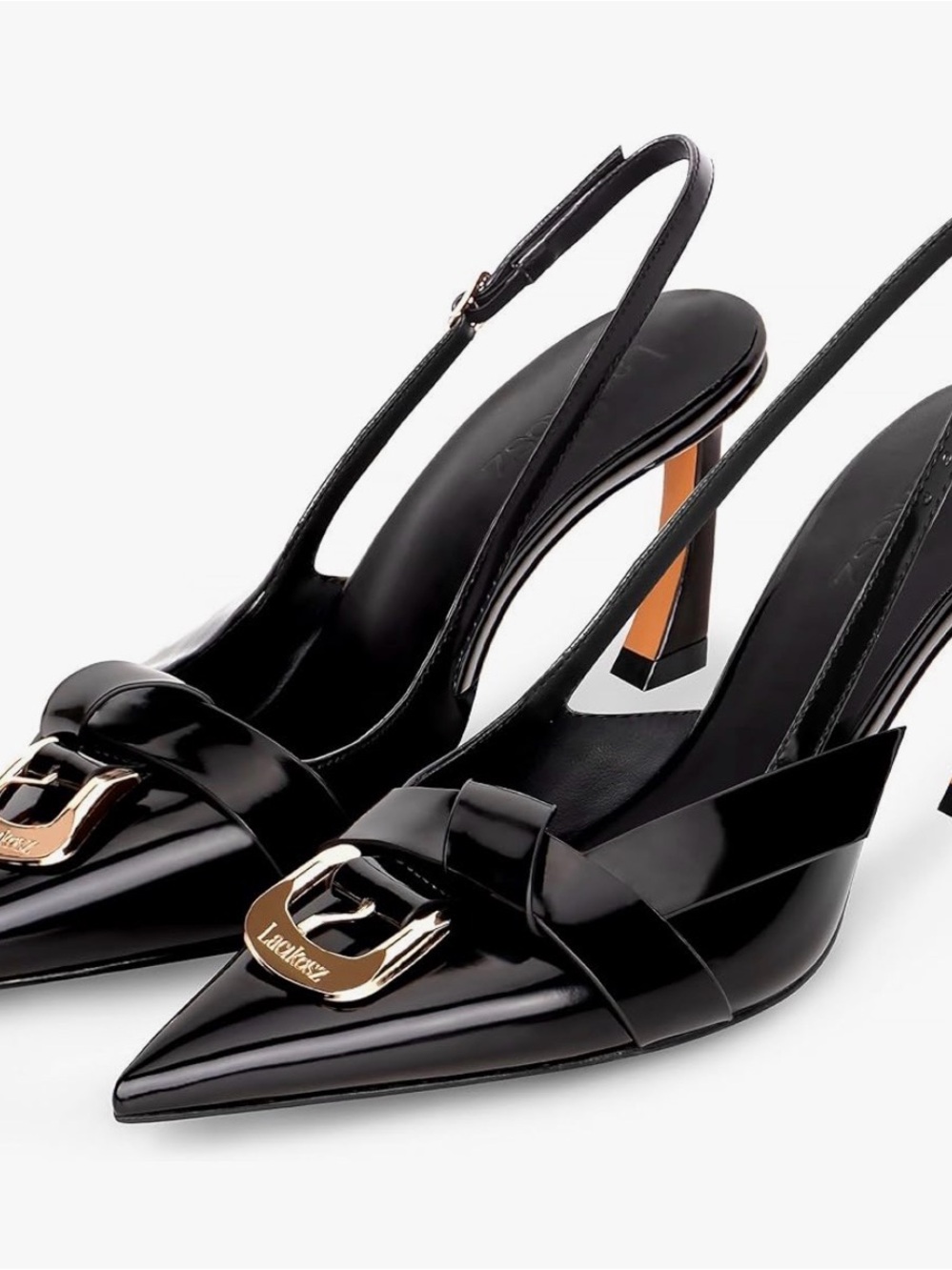 LACIKOSZ Black Patent Pointed Slingback Heels with Gold Buckle 2.6in pumps NEW - Picture 8 of 9